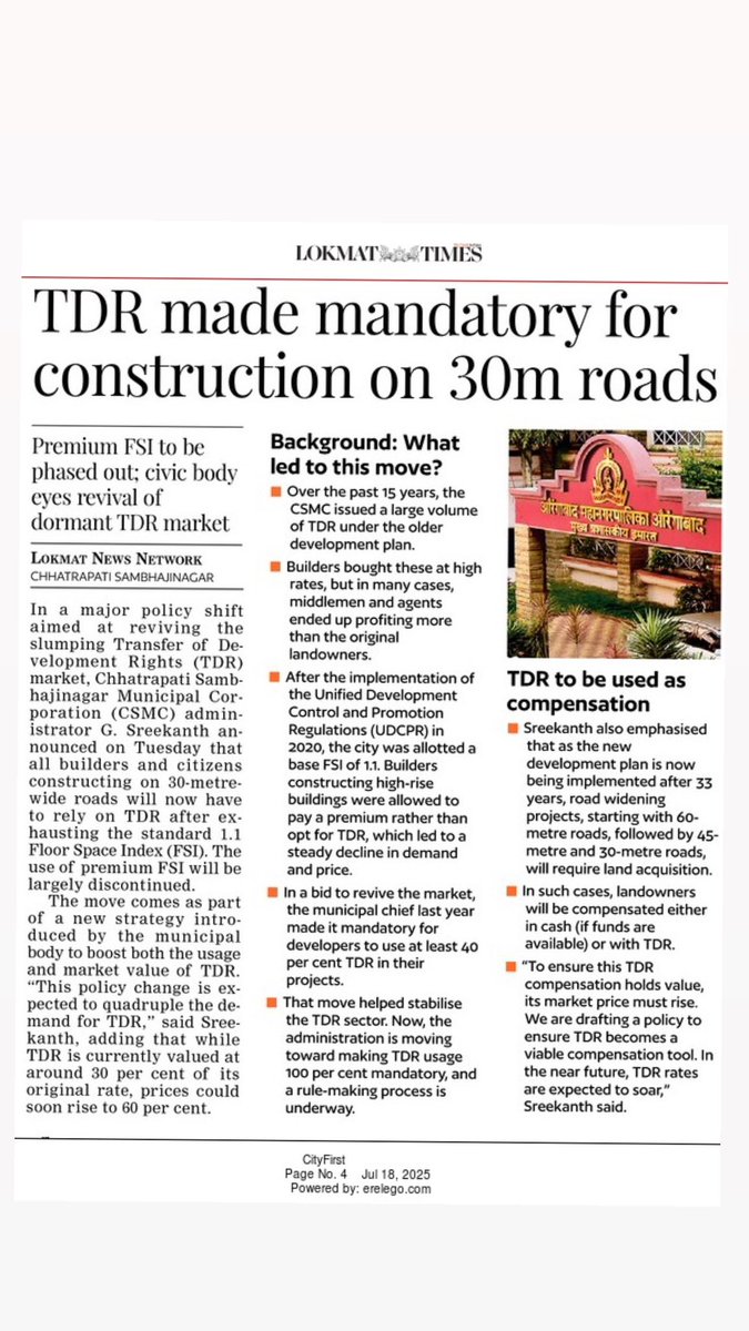 cssmartcity's tweet image. Chhatrapati Sambhajinagar Municipal Corporation (CSMC) is making Transfer of Development Right (TDR) mandatory for construction on 30m roads, aiming to revive the city's TDR market.
#CSMC #ChhatrapatiSambhajinagar #TDR #UrbanDevelopment #RealEstate