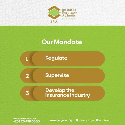 TheStarKenya's tweet image. The Insurance Regulatory Authority is a statutory government agency mandated to regulate, supervise, and promote the growth of the insurance industry in Kenya.#InsuranceRegulatoryAuthority #IRAkenya @ira_kenya
