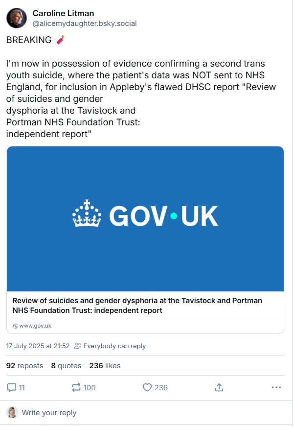 Young trans people are being KILLED by @WesStreeting’s implementation of the completely manufactured ‘Gender Critical’ Cass Report - which amounts to conversion therapy - and <a href="/UKLabour/">The Labour Party</a> ‘s war on trans. Double figures already. I promise you, this is as big a scandal as the Post