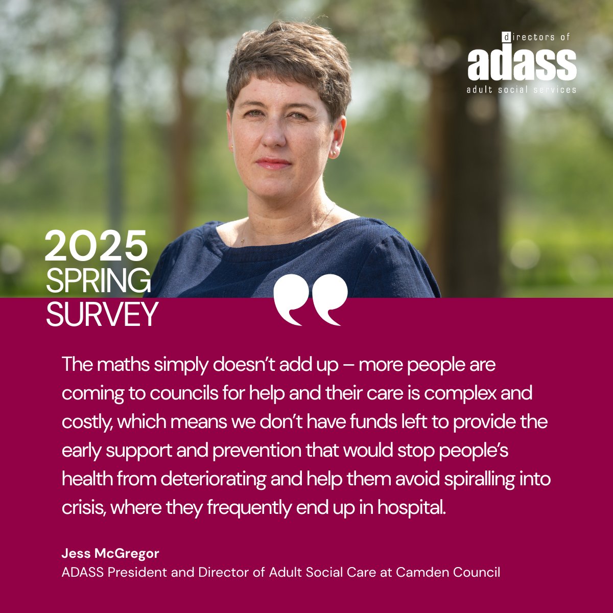 1adass's tweet image. Our new survey showed the financial challenges councils face as more people draw on complex social care. We warned that without adequate funding for adult social care, the Government’s ambition to shift from hospital to community won’t be realised.
adass.org.uk/documents/adas…
