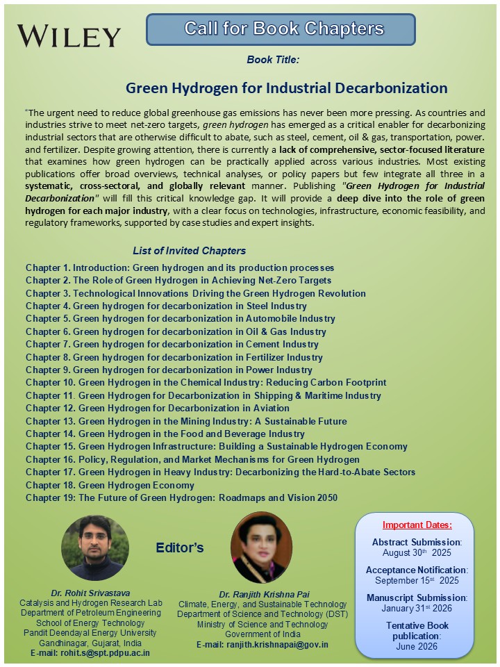 I am pleased to inform you that Wiley, an American multinational publishing company, is planning to publish a book titled "Green Hydrogen for Industrial Decarbonization," scheduled for release in June 2026.