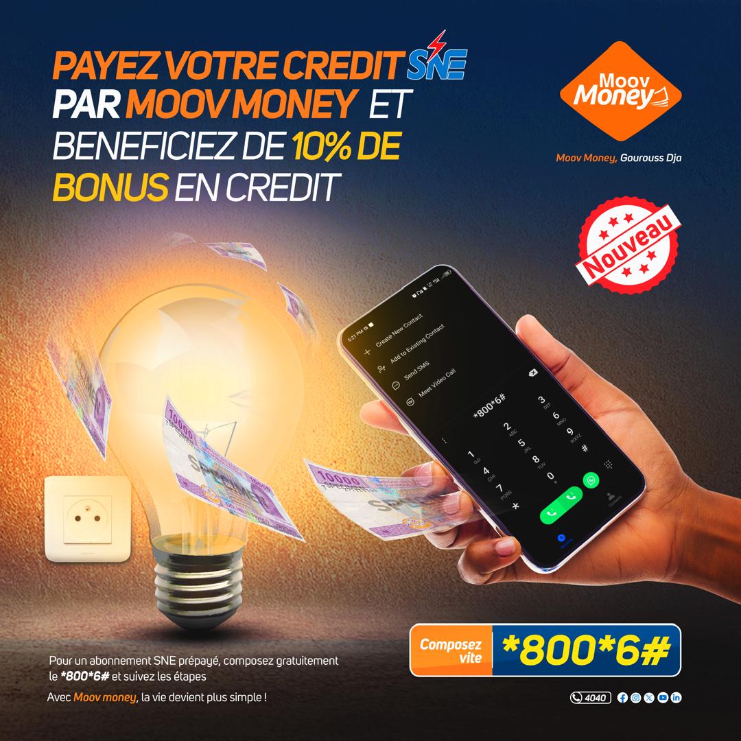 Finis les tracasseries, plus besoin de se déplacer pour recharger son compteur prépayé
 
👉Avec MOOV MONEY, rechargez simplement votre compteur à partir de votre téléphone et bénéficiez de 10% de bonus en crédit
 
👉Composez gratuitement le *800*6# et suivez les instructions😊