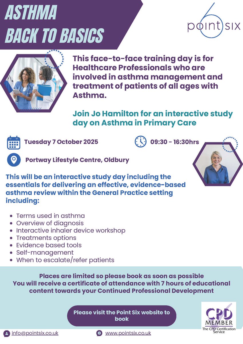 #HCPs, live in the Midlands and need to go back to basics  with #Asthma management? See our educational partner <a href="/Pointsixt/">PointSixTraining</a> course below, limited spaces available. Visit the website for more details pointsix.co.uk/asthma-managem…