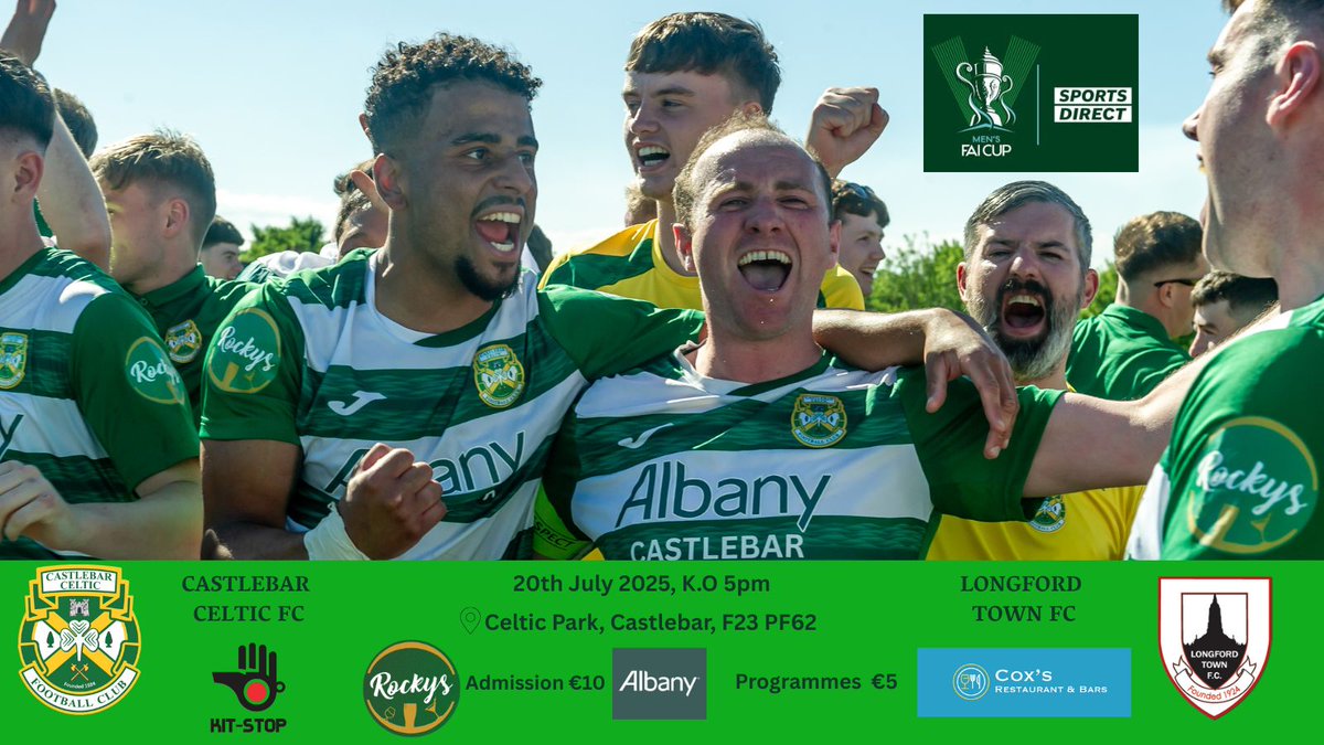 CelticCastlebar's tweet photo. ⚽️2 days to go ⚽️
Big clash this Sunday💪
🏆Sports Direct Men's FAI Cup  
The A Team vs @LongfordTownFC 
Don't miss it!!
@albanycastlebar  @coxscastlebar @rockyscastlebar 
@kitstop1 
@faireland 
#FAICup #CastlebarCeltic #LongfordTown 
#MonTheHoops https://t.co/rBUdrmjR5M