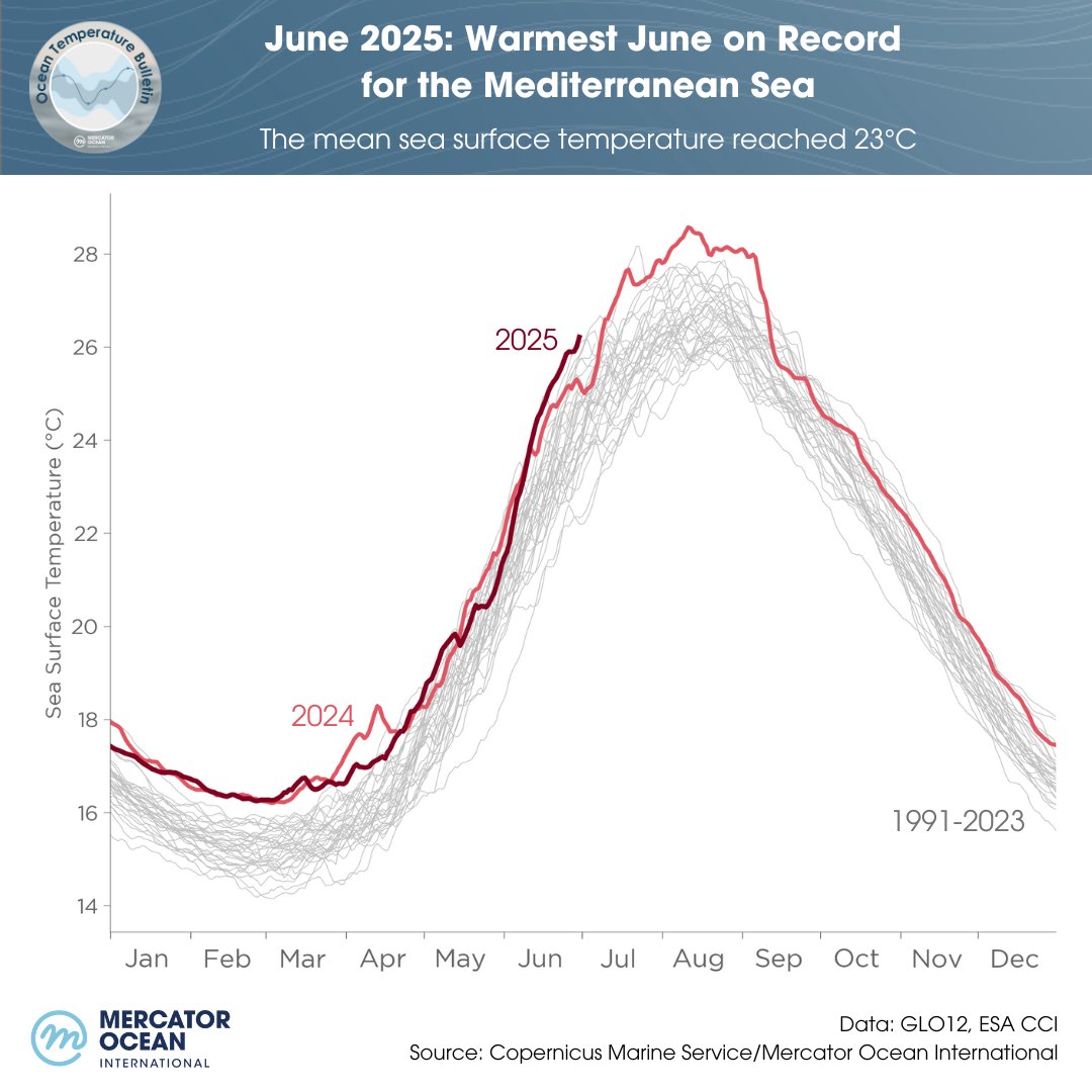 MercatorOcean's tweet image. 📢#MercatorOcean Ocean Temperature Bulletin
⚠️June 2025 was the warmest June on record for the #Mediterranean Sea, with a mean sea surface temperature of 23.86°C
➡️Almost 30% of the basin was 2°C above the average for this period
Read more: mercator-ocean.eu/bulletin/ocean…