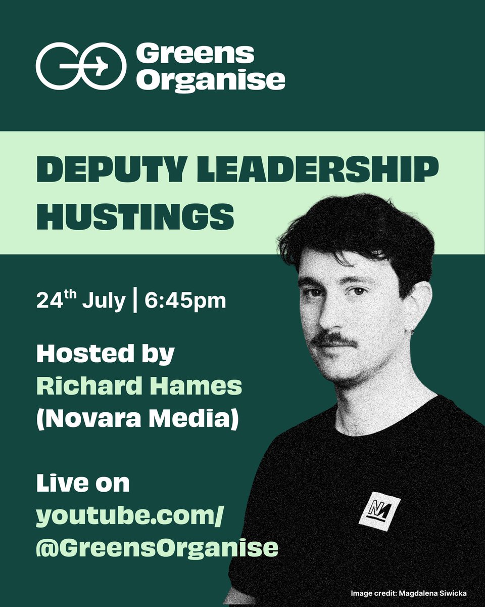GreensOrganise's tweet image. 🚨DEPUTY LEADERSHIP HUSTINGS🚨
24th July | 6.45pm
youtube.com/@GreensOrganise
Everyone's talking about the Greens' leadership - but that's not the only role up for grabs 👀
Join @richardhwrites (@novaramedia) live to ask Deputy leadership candidates what they'd bring to the role
