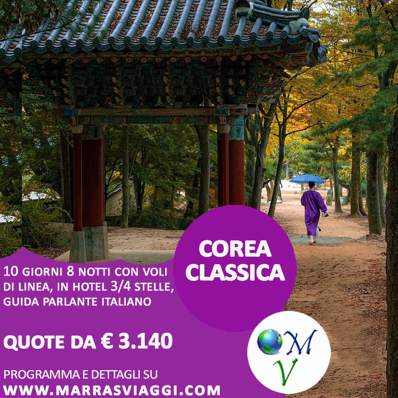 MARRASVIAGGI's tweet image. Corea Classica
Tour 10 giorni con voli di linea, 8 notti in hotel 3/4 stelle, guida parlante italiano e trattamento di camera e colazione - Quote da € 3.140
#tour #corea #séoul #jeonju #daegu #gyeongju #busan #marrasviaggi