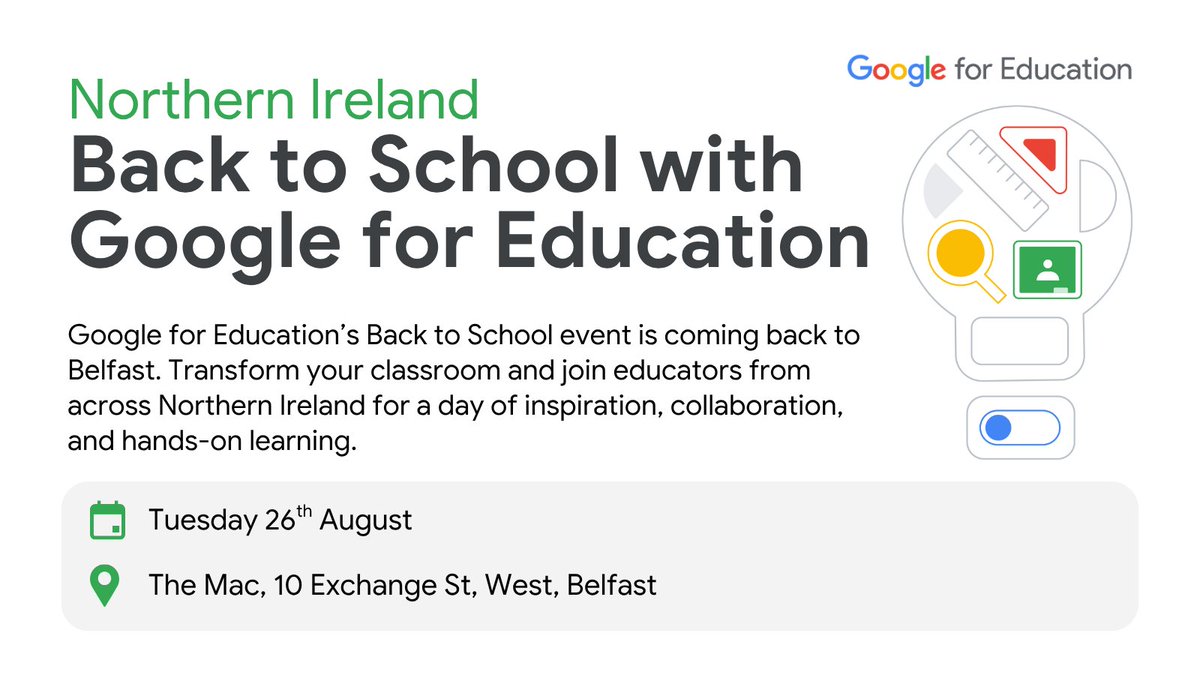 Canopy (@canopycic) on Twitter photo 📣 Google for Education’s Back to School event is coming back to Belfast!
Transform your classroom, get inspired, and collaborate with educators. Whether you're new to <a href="/GoogleForEdu/">Google for Education</a> or looking to level-up your skills, this event is for you!
Register now: rsvp.withgoogle.com/events/back-to… 📣 Google for Education’s Back to School event is coming back to Belfast!
Transform your classroom, get inspired, and collaborate with educators. Whether you're new to <a href="/GoogleForEdu/">Google for Education</a> or looking to level-up your skills, this event is for you!
Register now: rsvp.withgoogle.com/events/back-to…