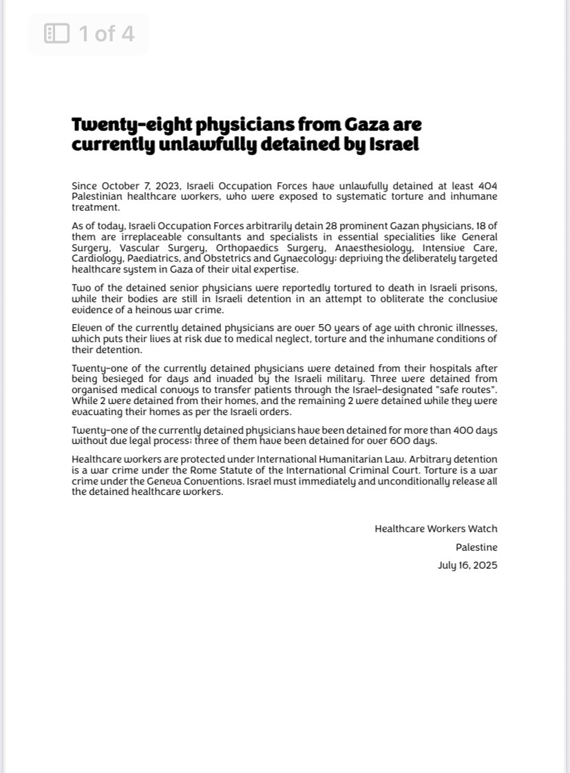 Basement_Films's tweet image. From @HCWWatch a list of 28 currently detained Drs from Gaza: at least 404
Palestinian healthcare workers have been detained and all allege they were exposed to systematic torture and inhumane treatment.
18 of the 28 Drs still detained are irreplaceable consultants and…