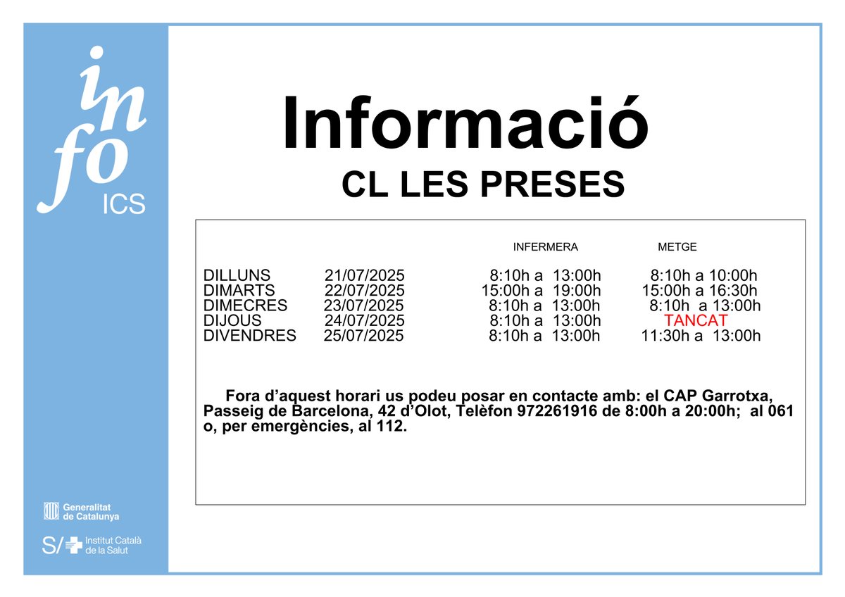 🏥🩺L'equip mèdic del consultori local ens informa dels horaris per a la pròxima setmana 👇: