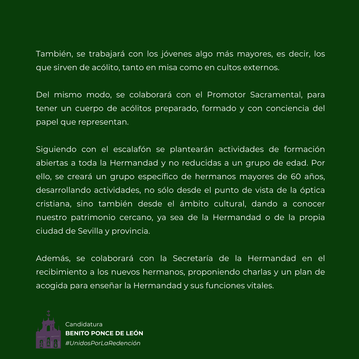CandBenitoPonce's tweet photo. 👥FORMACIÓN | #UnidosPorLaRedención

👉 Fomento de la Catequesis tanto de Comunión como de Confirmación.
👉 Creación del servicio de Cursos Prematrimoniales.
👉 Creación de un nuevo grupo de hermanos mayores de 60 años para el desarrollo de actividades culturales. https://t.co/7dq6nUCK8y