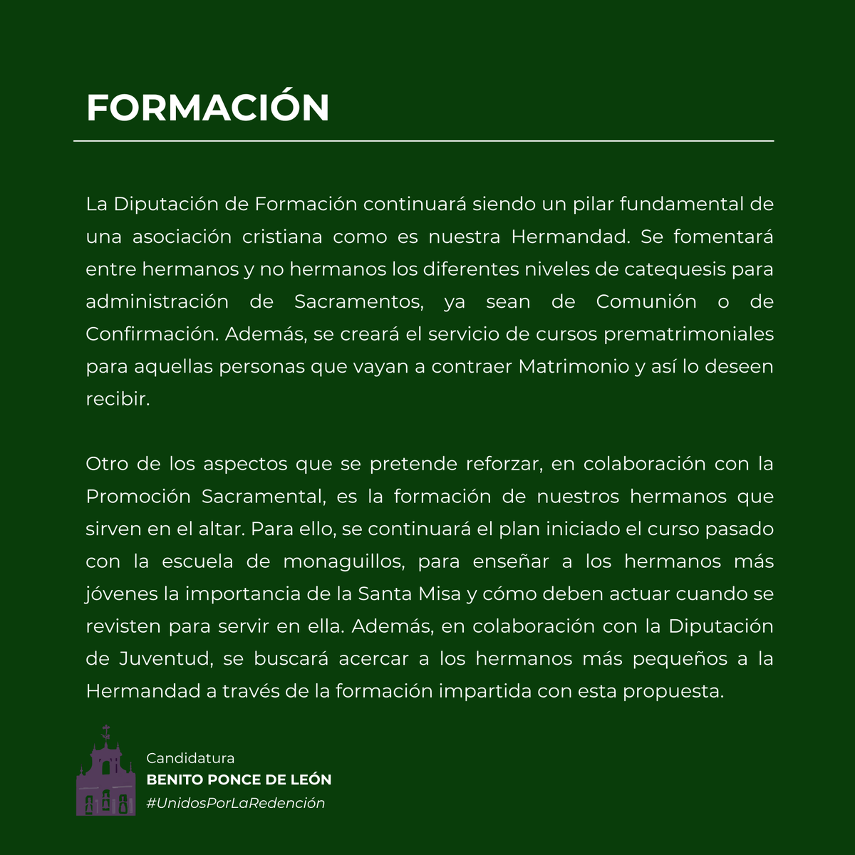 CandBenitoPonce's tweet photo. 👥FORMACIÓN | #UnidosPorLaRedención

👉 Fomento de la Catequesis tanto de Comunión como de Confirmación.
👉 Creación del servicio de Cursos Prematrimoniales.
👉 Creación de un nuevo grupo de hermanos mayores de 60 años para el desarrollo de actividades culturales. https://t.co/7dq6nUCK8y