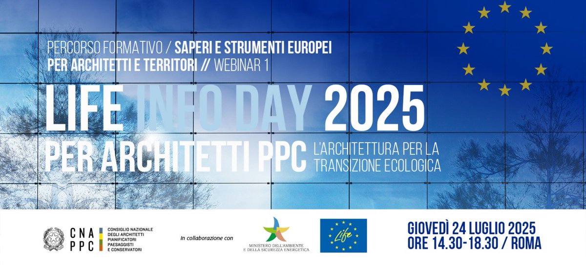 LIFEprogrammeIT's tweet image. LIFE Info Day 2025 per Architetti PPC: l’architettura per la transizione ecologica (Roma, 24 luglio 2025).
Leggi la notizia completa sul sito web del @MASE_IT al seguente link mase.gov.it/.../web/guest/…
@LIFEprogramme #LIFEprogramme #LIFEproject #LIFEprojects