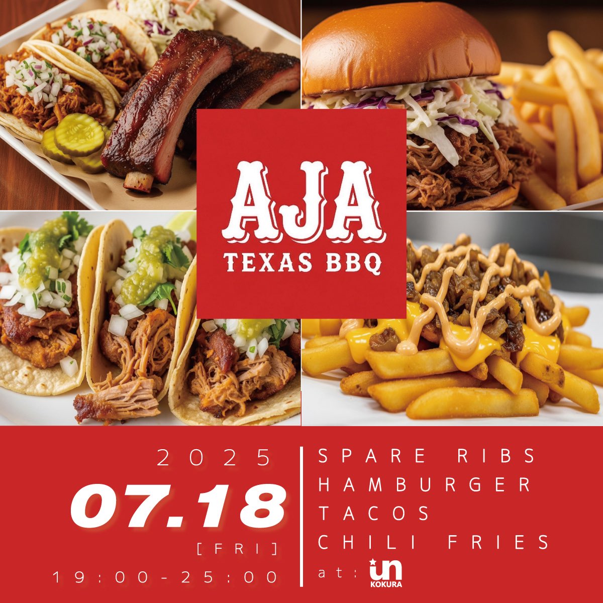 un_kokura's tweet photo. 本日のUNはコチラ！

AJA TEXAS BBQのPOPUP！
肉！！

ACCIDENT I LOVEDのオサム(@Osa_AIL )
がやり始めたBBQブランド。

肉🍖用意してお待ちしております！ https://t.co/8v8rdJoOln
