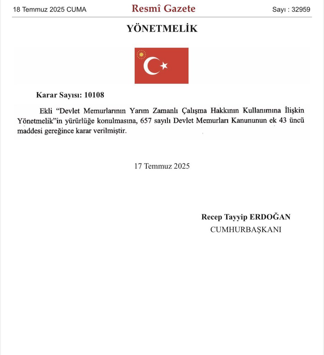 Dr.Betül Sayan Kaya 🇹🇷 (@drbetulsayan) on Twitter photo Devlet memurlarının, doğumdan itibaren çocukları ilköğretime başlayana kadar yarı zamanlı çalışabilmelerini sağlayacak olan yönetmelik, Cumhurbaşkanımız Sn. <a href="/RTErdogan/">Recep Tayyip Erdoğan</a>’ın imzası ve kararıyla Resmî Gazete’de yayımlandı.
Ülkemiz ve milletimiz için hayırlı olsun. Devlet memurlarının, doğumdan itibaren çocukları ilköğretime başlayana kadar yarı zamanlı çalışabilmelerini sağlayacak olan yönetmelik, Cumhurbaşkanımız Sn. <a href="/RTErdogan/">Recep Tayyip Erdoğan</a>’ın imzası ve kararıyla Resmî Gazete’de yayımlandı.
Ülkemiz ve milletimiz için hayırlı olsun.