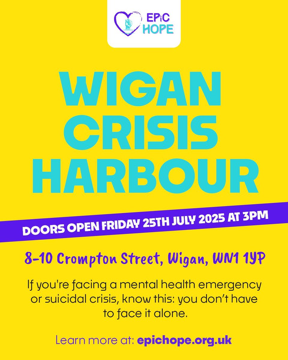 🚨 Our new Wigan Crisis Harbour opens on Friday 25th July, 3pm! 🚨 

Located at 8-10 Crompton Street, Wigan, WN1 1YP, the Harbour is more than just a building. It's a place of hope, connection, and life-saving care for those at their most vulnerable. 

epichope.org.uk/get-help/epic-…