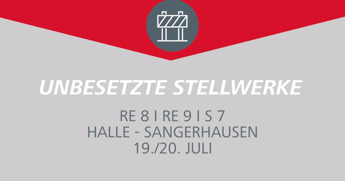 Unbesetzte #Stellwerke der #DB: Kein Zugverkehr möglich zwischen #Halle Hbf und #Sangerhausen vom 19.7., 18 Uhr, bis 20.7., 6 Uhr. Ersatzverkehr mit Bussen und Taxis wird eingerichtet, die Fahrpläne findet ihr unter abellio.de/fahrplanaender…