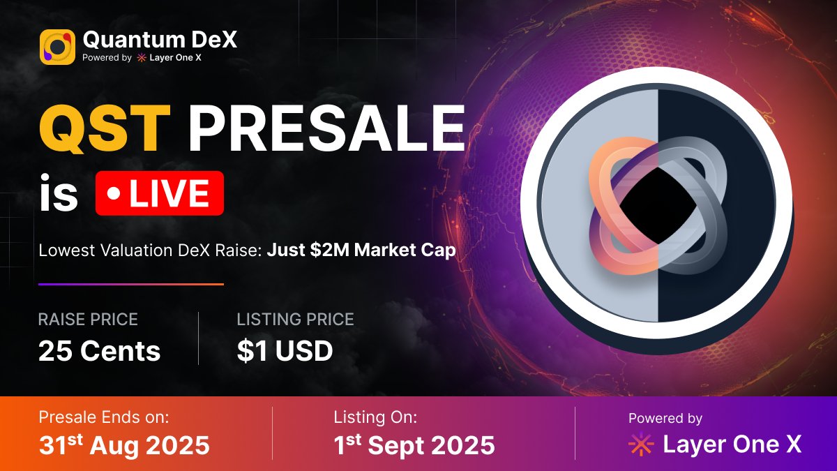 LayerOneX's tweet image. 🚨 QST Token Presale is LIVE

Quantum DeX isn’t just another DEX.
It is AI powered, bridgeless, cross chain, and built to lead the next DeFi cycle.

🪙 Token: Quantum Superposition Token (QST)
💰 Raise Price: $0.25 | Listing Price: $1
🎯 Raise Target: $2 million

QST holders…