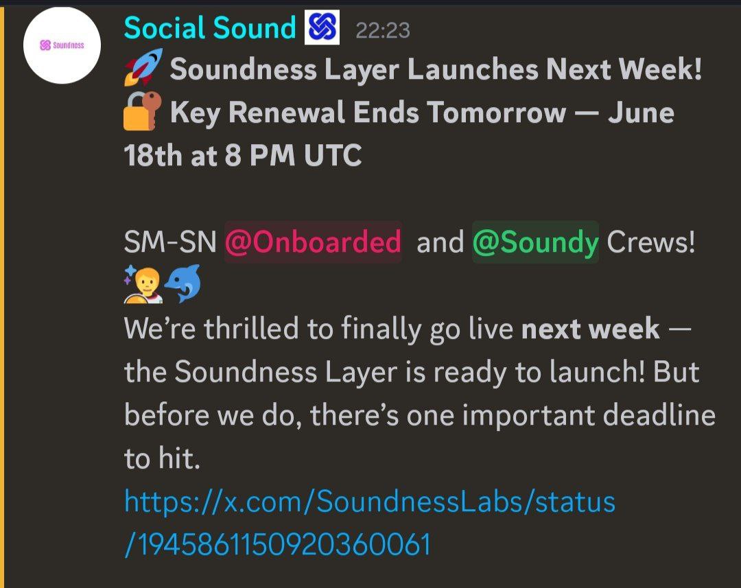 Azzar6666's tweet image. 🚀 Soundness Layer launches next week!
🔐 Don’t forget: Key Renewal ends June 18th at 8PM UTC

@Onboarded &amp;amp; @Soundy crews — this is it!
The Soundness Layer is ready to go live.
But first, make sure you're ready. 👇
🔗 x.com/SoundnessLabs/…

#Soundness #Web3 #LaunchAlert