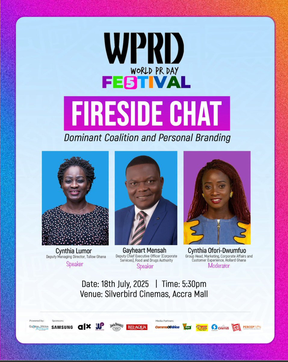 It’s happening today! 🔥

Join us at Silverbird Cinemas, Accra Mall for the WPRD Fireside Chat at 5:30PM.

Let’s talk PR, personal branding &amp; leadership!

#WPRDFestival
 #FiresideChat