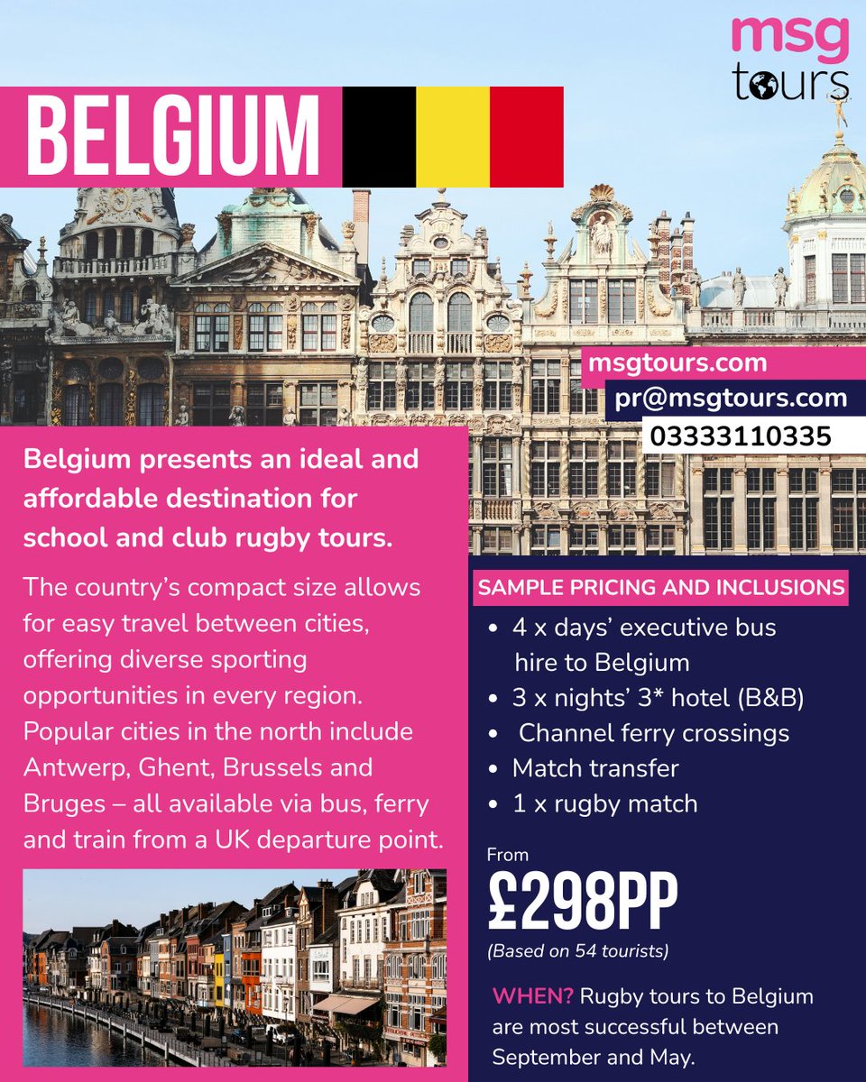 MSG Tours (@msgtours) on Twitter photo Looking for a new rugby tour destination? 🇧🇪
Belgium presents an ideal and affordable destination for school and club rugby tours.
✈️Contact us for more information!
Msgtours.com
Pr@msgtours.com
03333110335 Looking for a new rugby tour destination? 🇧🇪
Belgium presents an ideal and affordable destination for school and club rugby tours.
✈️Contact us for more information!
Msgtours.com
Pr@msgtours.com
03333110335