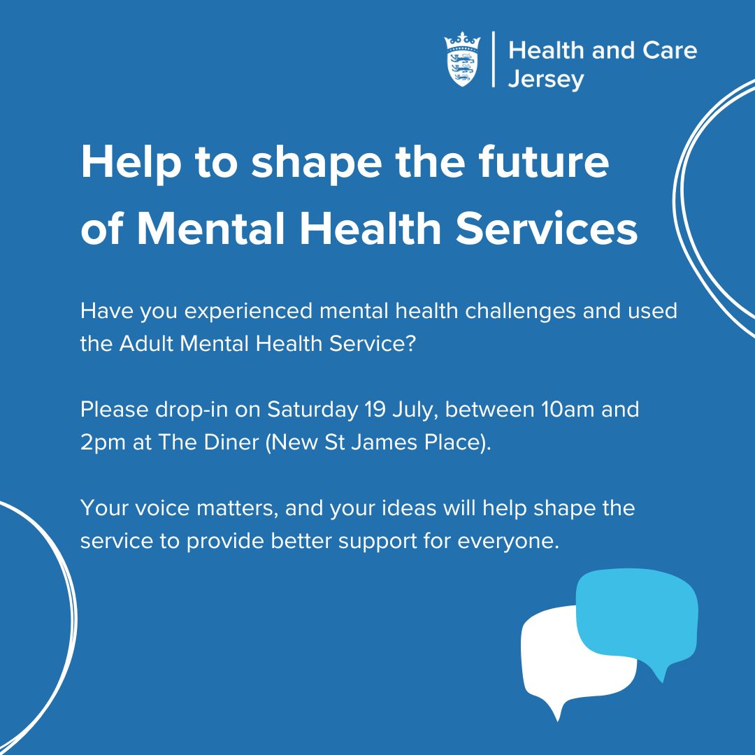 Government of Jersey (@govjersey) on Twitter photo Health and Care Jersey are creating a new 5-year plan for Mental Health in Jersey, and would like to hear about your experience and suggestions on how the service could improve.
Your voice matters. Please drop-in this Saturday (see details below).
<a href="/GovJsyHCJ/">Jersey Gov Health & Care Jersey (HCJ)</a> Health and Care Jersey are creating a new 5-year plan for Mental Health in Jersey, and would like to hear about your experience and suggestions on how the service could improve.
Your voice matters. Please drop-in this Saturday (see details below).
<a href="/GovJsyHCJ/">Jersey Gov Health & Care Jersey (HCJ)</a>