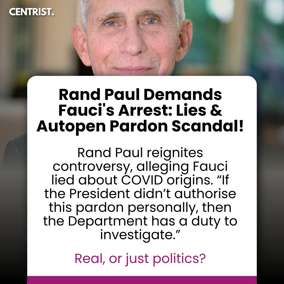 centrist_nz's tweet image. Rand Paul pushes criminal charges against Fauci over alleged lies and autopen pardon, sparking debate on presidential accountability.
Read More: zurl.co/t9Qlo