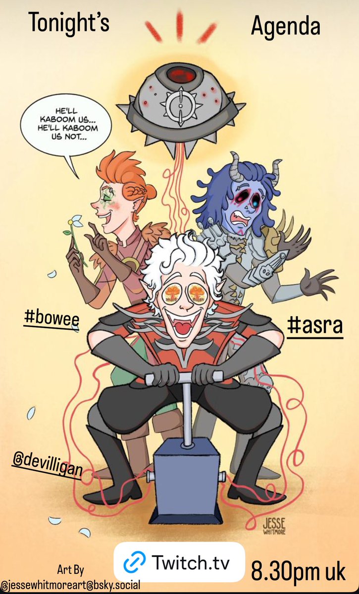 NeilNewbon's tweet image. Tonight twitch.tv/neilnewbon 8.30pm art By @jessewhitmoreart@bsky.social @Devilligan #asra #bowee