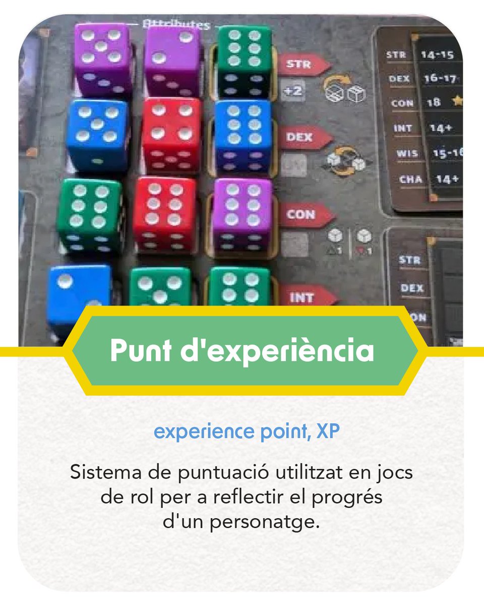 CNLGirona's tweet image. 🎲 TIPUS DE PARTIDA 
📊 Com es guanya una partida? Amb punts, sí… però hi ha moltes maneres de comptar-los! 
Amb el nou diccionari del @cpnlcat  i el @termcat, els jocs de rol en català són més fàcils que mai! 

Explora conceptes com punt de vida o d&apos;experiència! 
#JocsdeRol