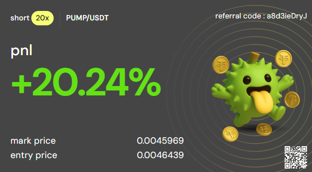 0x_carrot's tweet photo. 做空 $PUMP 小试一把，20x 杠杆拿下 +20% 收益 ✅

🟢 Durian 这波 10 倍积分活动真的香，积分和收益双收，效率拉满了👏

#PUMP  #Durian https://t.co/aVq7kzraQM