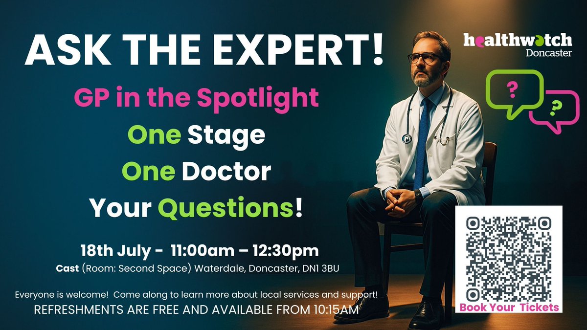 HWDoncaster's tweet image. 🕐 Just 1 hour to go, Doncaster! 🕐
Don't miss your chance to ASK THE EXPERT!
✅ Got questions for a GP?
✅ Want straightforward answers without the jargon?
Join us TODAY for an open Q&A with a local GP—no scripts, no slides, just real answers.
📍 Cast (Second Space),…