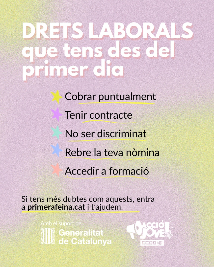 Treballar sense contracte? Sense nòmina? Tard i mal pagat? 🚨 Això no és normal.
A la feina tens drets des del primer dia.
👉 primerafeina.cat