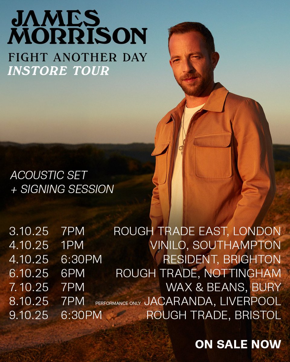 JamesMorrisonOK's tweet image. I’m so excited to announce I’ll be heading out on an intimate acoustic tour and album signings this October to celebrate the release of Fight Another Day. Tickets on sale now, can’t wait to see you there!
jamesm.lnk.to/Instores