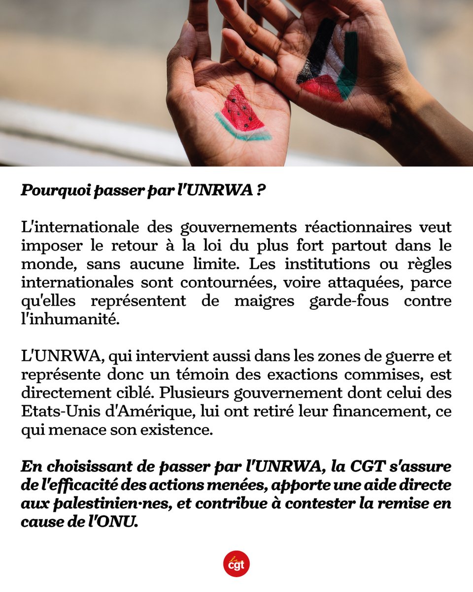 🇵🇸 Gaza meurt de faim, ne détournons pas le regard.

La CGT appelle aux dons pour apporter de l'aide aux palestinien·nes.

Chaque euro collecté sera remis à l’UNRWA, qui les utilisera pour apporter une aide concrète immédiate aux populations civiles.

🔗 cgt.fr/actualites/pro…