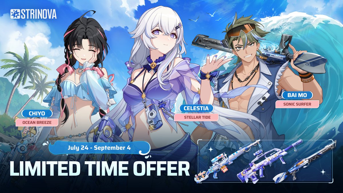 Strinova_EN's tweet image. Limited Time Offer Preview | Summer Music Festival Themed Outfits #2
Get ready to load your tactical squirt guns! 🎈 This sandy battlefield doubles as a dance floor! 🕺
Strike a pose mid-air to electro beats shaking the shore! Your action shots fuel the hype! 🔥
New summer…