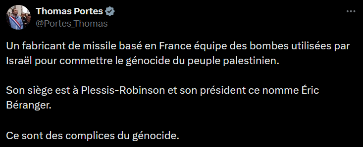⛔ Jusqu’où irons-nous ?

Un député LFI désigne un dirigeant de notre industrie de défense.

Il l’accuse, nommément, de "complicité de génocide". Il ne critique pas une politique, il désigne une cible.

Ces méthodes ne relèvent plus du débat démocratique. Elles relèvent des