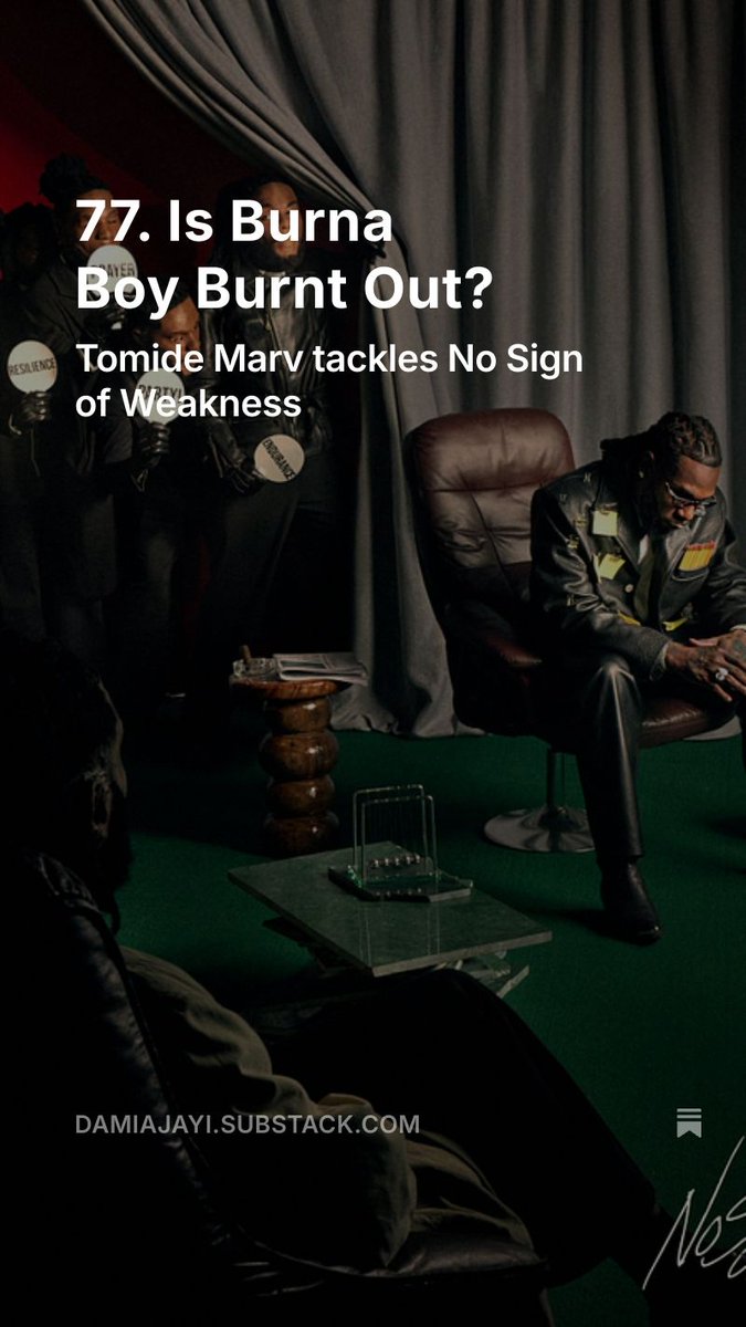 AKINTOMIDE. (@tmdmrv) on Twitter photo Almost 2 years removed from saying, “Is this the motherfucking thanks I get for making my people proud every time I get?” Burna Boy is back at it again, being vindictive.
For London Listening Session, I reviewed his latest
Thx 4 the platform <a href="/JollyPaps1/">Dami Ajayi</a>!
damiajayi.substack.com/p/77-is-burna-… Almost 2 years removed from saying, “Is this the motherfucking thanks I get for making my people proud every time I get?” Burna Boy is back at it again, being vindictive.
For London Listening Session, I reviewed his latest
Thx 4 the platform <a href="/JollyPaps1/">Dami Ajayi</a>!
damiajayi.substack.com/p/77-is-burna-…