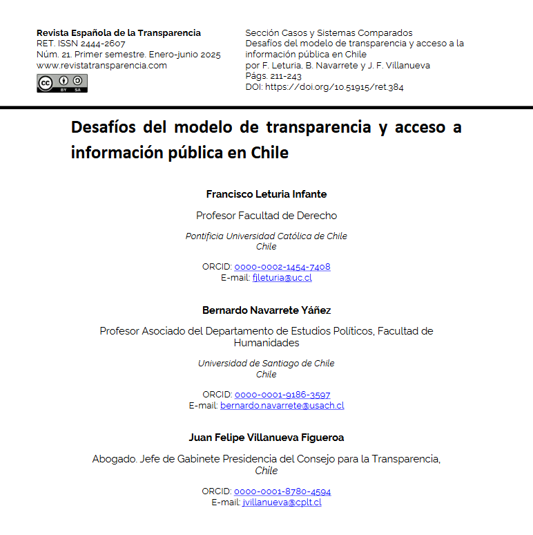 Revista Española de la Transparencia #RET (@retransparencia) on Twitter photo 🌐🇨🇱 En #RET21 publicamos «Desafíos del modelo de transparencia y acceso a información pública en Chile». Lo firman Francisco Javier Leturia Infante (<a href="/ucatolica/">Universidad Católica</a>), Bernardo Navarrete Yañez (<a href="/usach/">Universidad de Santiago de Chile</a>) y Juan Felipe Villanueva Figueroa (<a href="/ctransparencia/">Consejo para la Transparencia 🇨🇱</a>).
🔗revistatransparencia.com/ojs/index.php/… 🌐🇨🇱 En #RET21 publicamos «Desafíos del modelo de transparencia y acceso a información pública en Chile». Lo firman Francisco Javier Leturia Infante (<a href="/ucatolica/">Universidad Católica</a>), Bernardo Navarrete Yañez (<a href="/usach/">Universidad de Santiago de Chile</a>) y Juan Felipe Villanueva Figueroa (<a href="/ctransparencia/">Consejo para la Transparencia 🇨🇱</a>).
🔗revistatransparencia.com/ojs/index.php/…