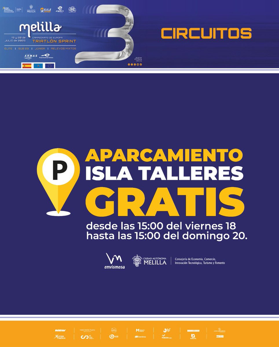 Recuerda que durante el Campeonato de Europa de Triatlón Sprint puedes dejar tu vehículo en el parking de Isla Talleres para disfrutar de toda la emoción de la competición sin preocuparte por buscar aparcamiento.

#europetrichampsmelilla #MelillaDeporte #NuestroDeporte