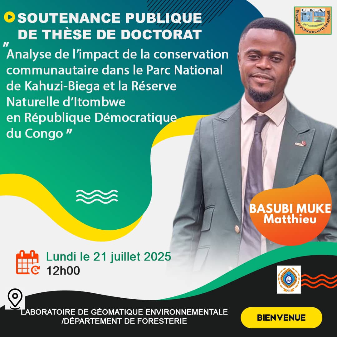 🎓 Soutenance de doctorat de BASUBI MUKE Matthieu
Félicitations au lauréat, Enseignant à la Faculté des Sces Agronomiques et Environnement de l’UEA, qui soutient sa thèse à l’Université de Dtschang ce lundi 21 juillet à 12h !
#UEA #SoutenanceDoctorat #Environnement #Recherche