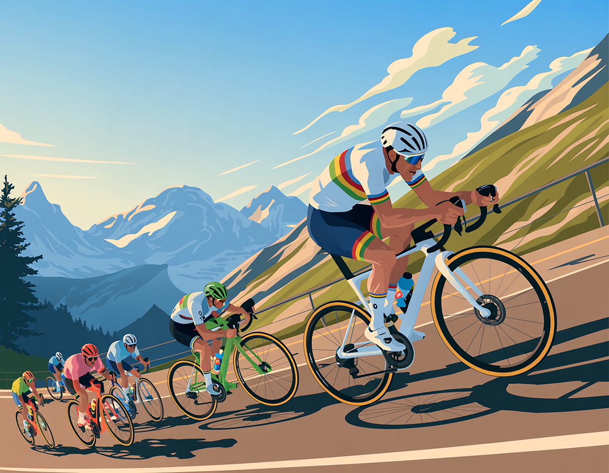 Creating posters this morning using ai. Will have to teach it that UCI have a black ring in the rainbow bands 😊 #cycling #cyclingposter #tourdefrance #aiposter #ai