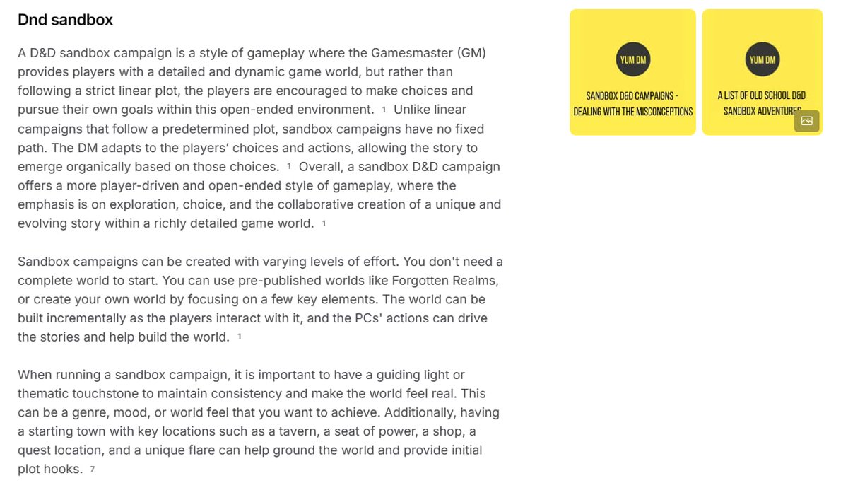 yum_dm's tweet image. I was doing some SEO work on my website & came across this: my content being used in an AI snippet (the first two paragraphs) for the term "dnd sandbox". I don't remember them paying me to use my work, so I guess I will send them an invoice? :/
#DnD #DungeonsAndDragons #TTRPG