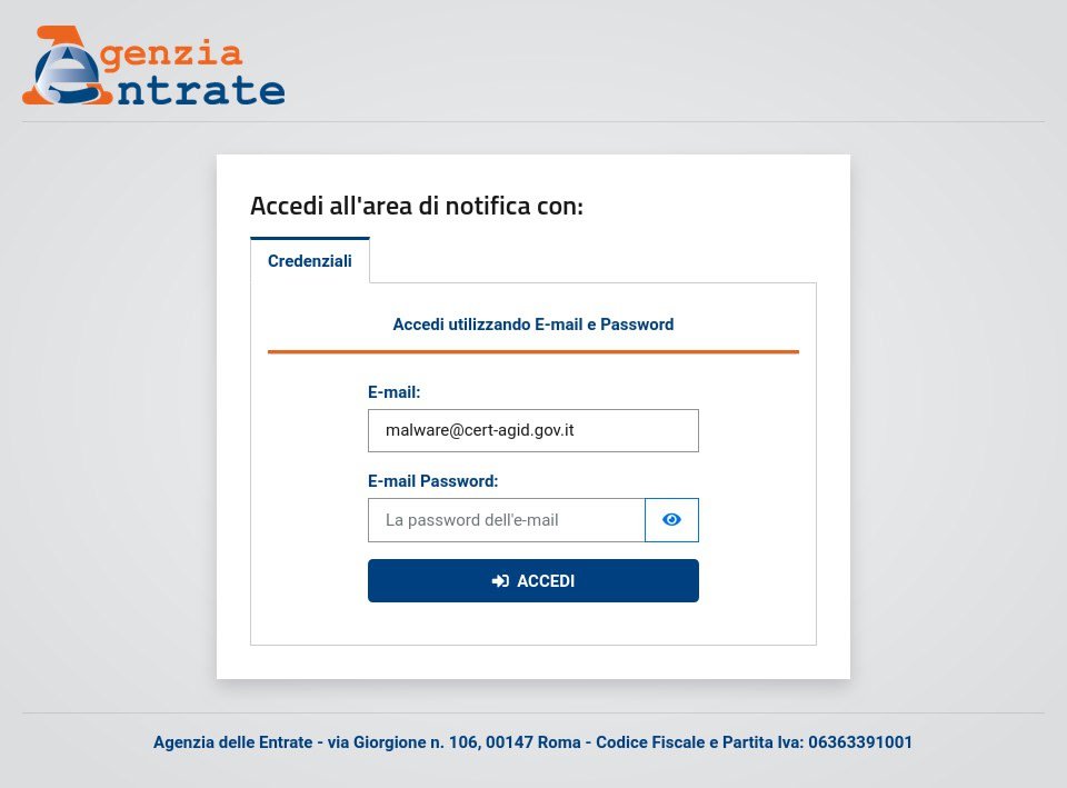 🇮🇹 Nuova campagna di #Phishing #AgenziaEntrate

⚠️ La pagina malevola chiede all'utente di inserire le proprie credenziali di accesso per accedere a una presunta area di notifica.

ℹ️ Approfondimenti e #IoC via Telegram 👇

🔗 t.me/certagid/857