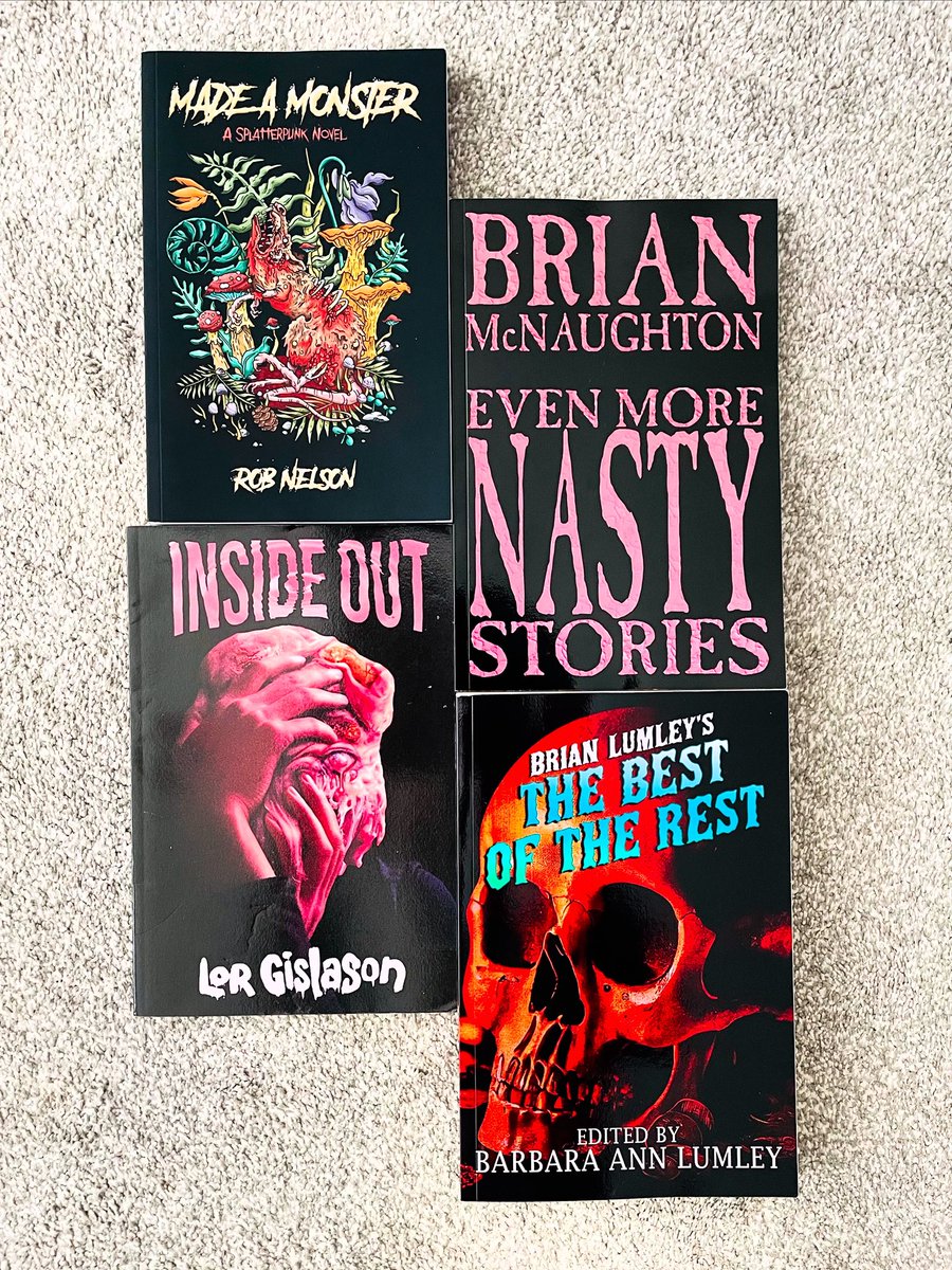 MarkTBates's tweet image. Recent Horror Haul!🩸📚

Some Indie-Horror from the weirder end of the spectrum …

A couple of short story collections from vintage authors Brian McNaughton &amp;amp; Brian Lumley ☠️ 

‘Made A Monster’ from Rob Nelson &amp;amp; ‘Inside Out’ from Lor Gislason 🔥

#horror #thrillers #splatterpunk