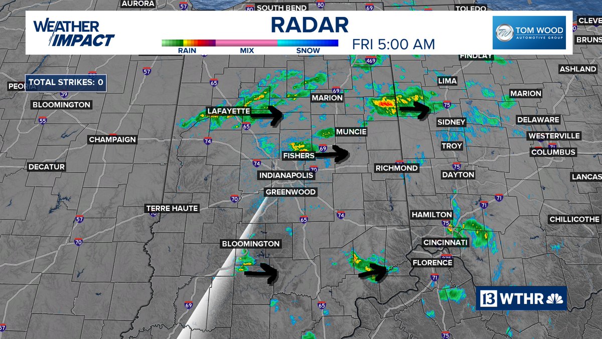 5AM:  We will have some passing showers through 9-10AM and then expect a mostly dry day across Indiana! We get a break today with slightly lower humidity. Rain chances drop to a 20% chance this afternoon &amp; evening. Looking pretty good for WNBA All Stars tonight. #INwx <a href="/WTHRcom/">WTHR.com</a>
