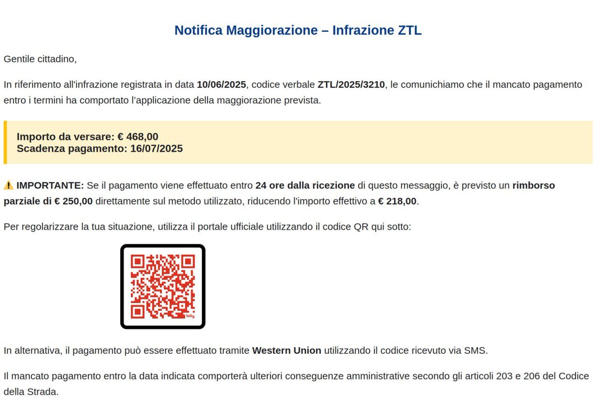 🇮🇹 Mail di #phishing a tema #PagoPA: compaiono i #QRcode 

⚠️ Queste truffe, che si camuffano da richieste di pagamento per presunte #multe, si modificano costantemente per apparire sempre più realistiche.

ℹ️ Approfondimenti via Telegram 👇

🔗 t.me/certagid/858