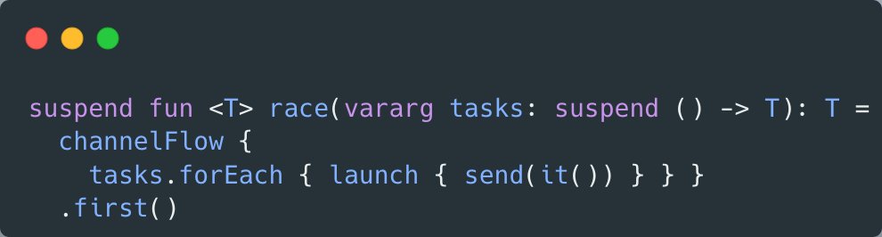 riccardo_cardin's tweet photo. #DropsOf #kotlin: Do you know you can implement the race primitive 🚗 for coroutines in just one line of code?
The `channelFlow` has its coroutineScope, and when the `first` function cancels the Flow execution, it cancels all the running coroutines that did not win the race. 😍 https://t.co/sR6ZsuTzjc