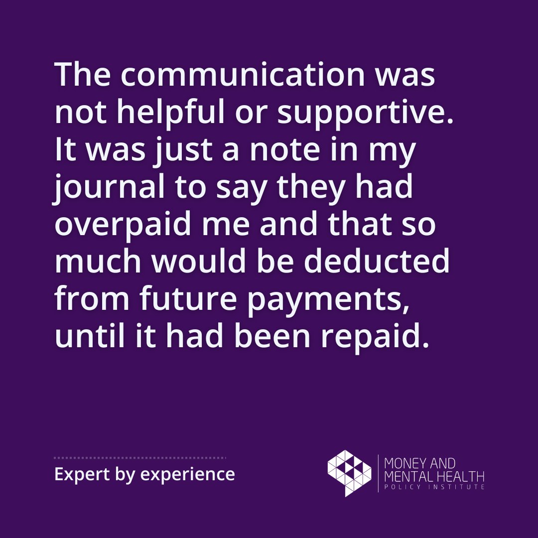 mmhpi's tweet image. 1.1 million people owe the DWP money they’ve been overpaid in benefits.
But our latest research shows that how that is being collected is causing both psychological harm and financial hardship 👇
See our recommendations for changing this broken system: moneyandmentalhealth.org/publications/n…