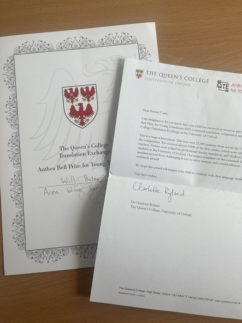 officialhallx's tweet image. Huge congratulations to our Yr12 student Will who out of 22,000 entries, is the area winner for the Anthea Bell prize for young translators. Awarded by @queenscollegeoxford an absolutely huge achievement. Well done Will. #youngtranslatoraward #antheabell… hallx.me/rJz5Z
