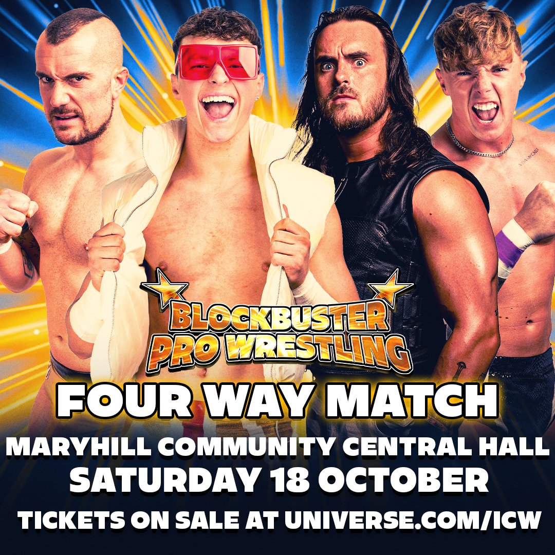 BlockbusterWres's tweet image. ANNOUNCEMENT: Blockbuster Pro Wrestling heads to the Maryhill Community Central Hall for the first time on Saturday 18 October, with a huge Four Way match confirmed!
Grab your tickets now at universe.com/icw